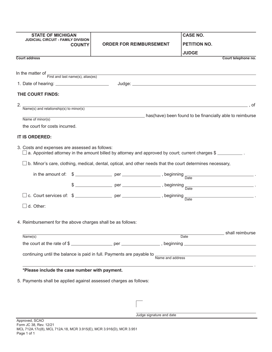 Form JC38 Order for Reimbursement - Michigan, Page 1