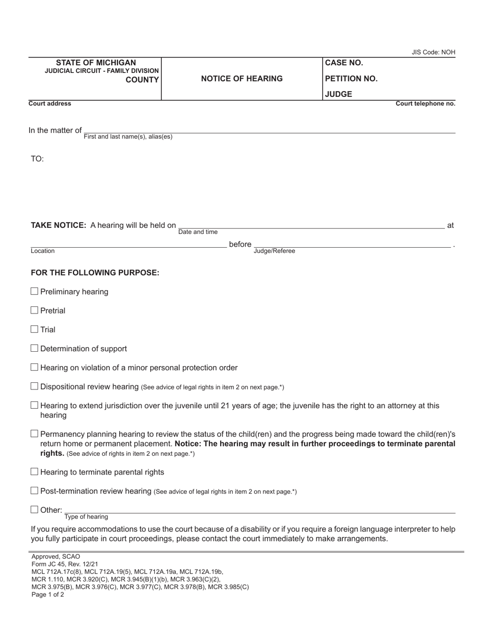 Form JC45 Notice of Hearing - Michigan, Page 1