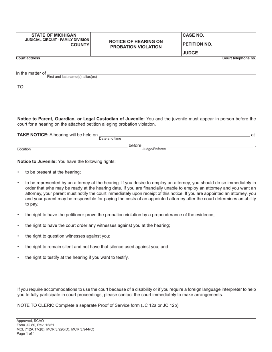 Form JC80 - Fill Out, Sign Online and Download Fillable PDF, Michigan ...