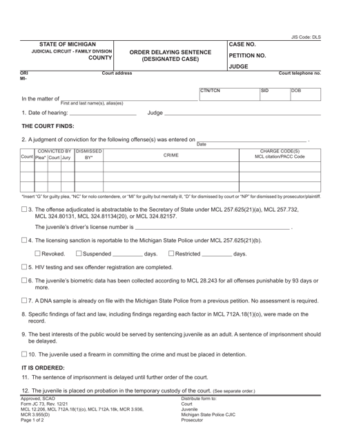 Form JC73 Order Delaying Sentence (Designated Case) - Michigan