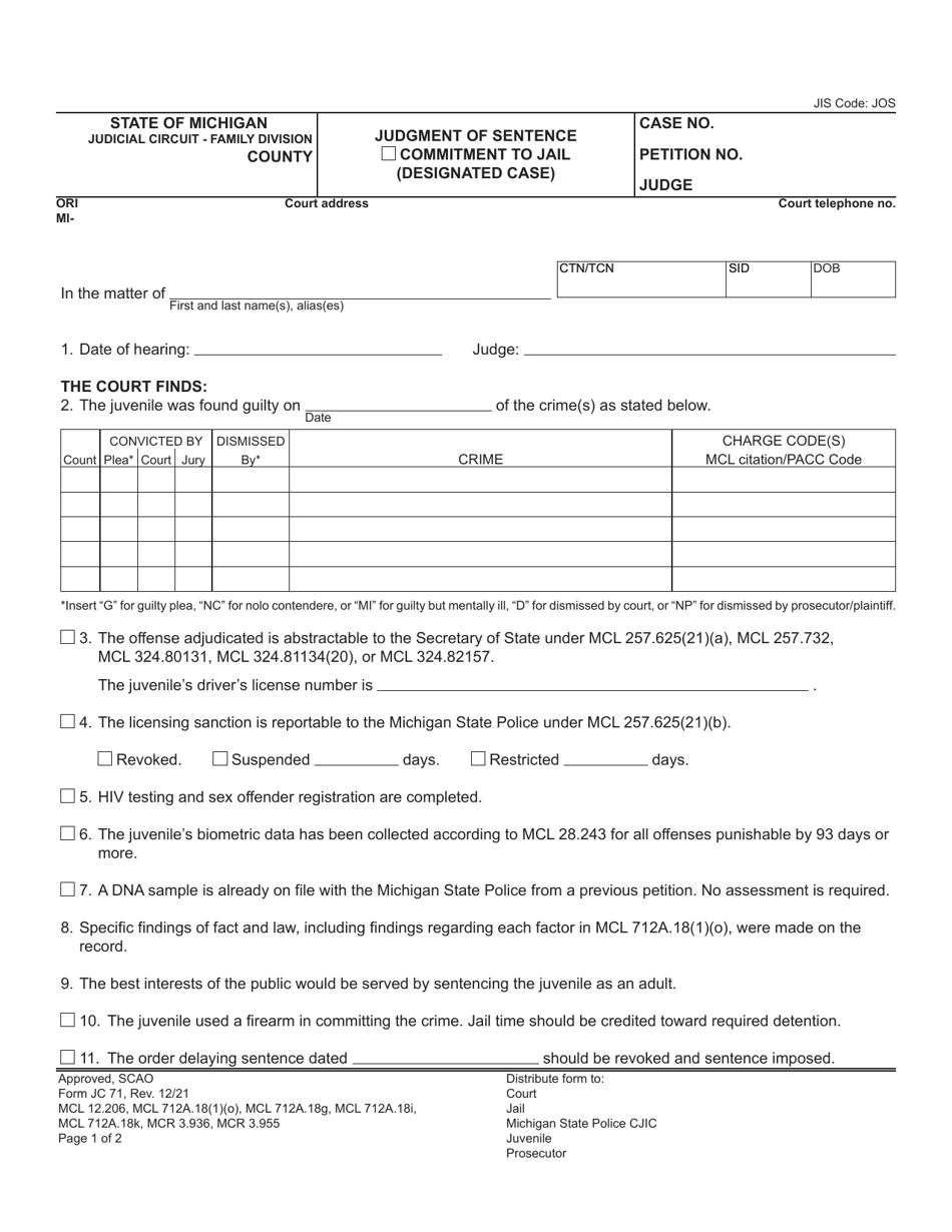 Form JC71 Judgment of Sentence / Commitment to Jail (Designated Case) - Michigan, Page 1