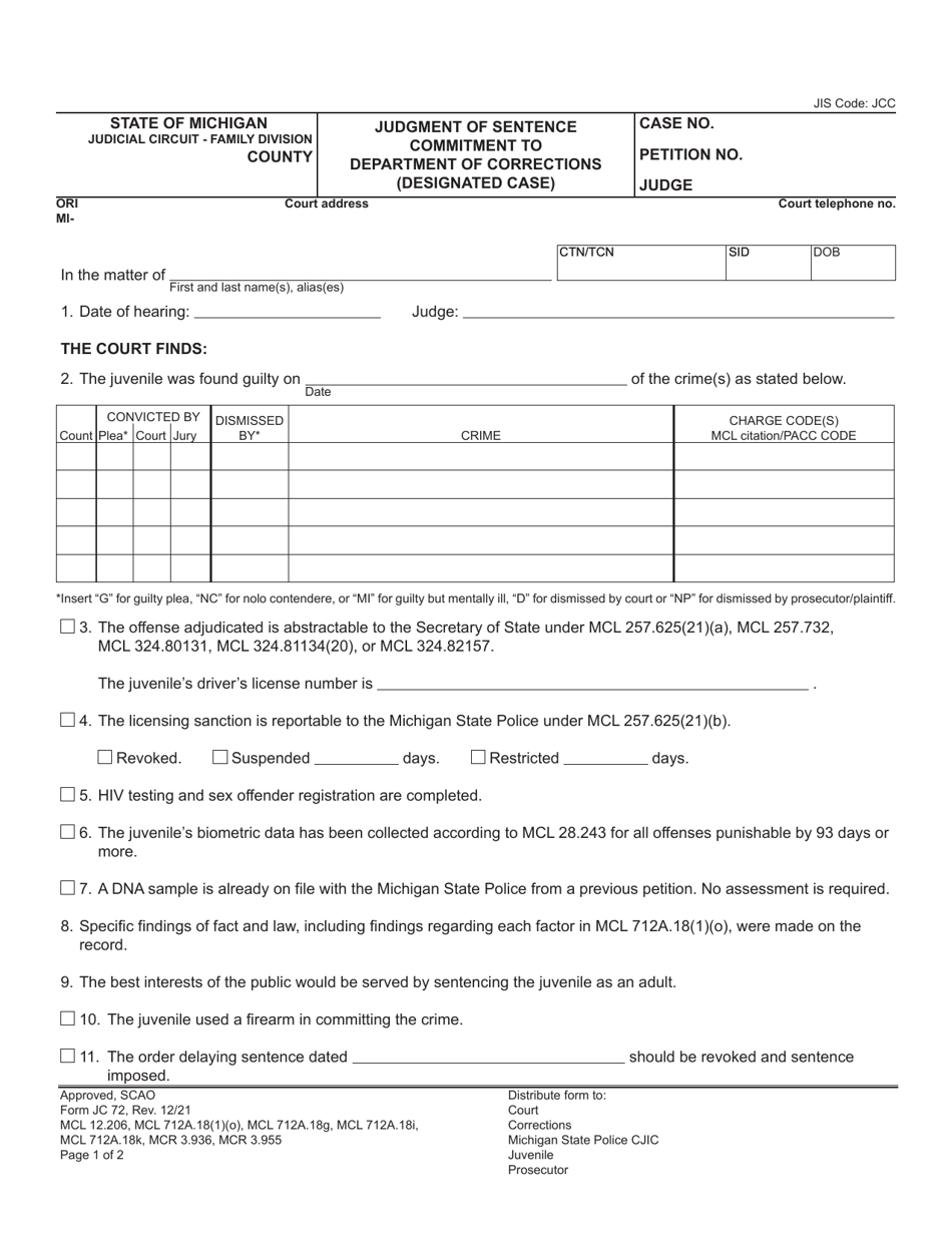 Form JC72 Judgment of Sentence Commitment to Department of Corrections (Designated Case) - Michigan, Page 1