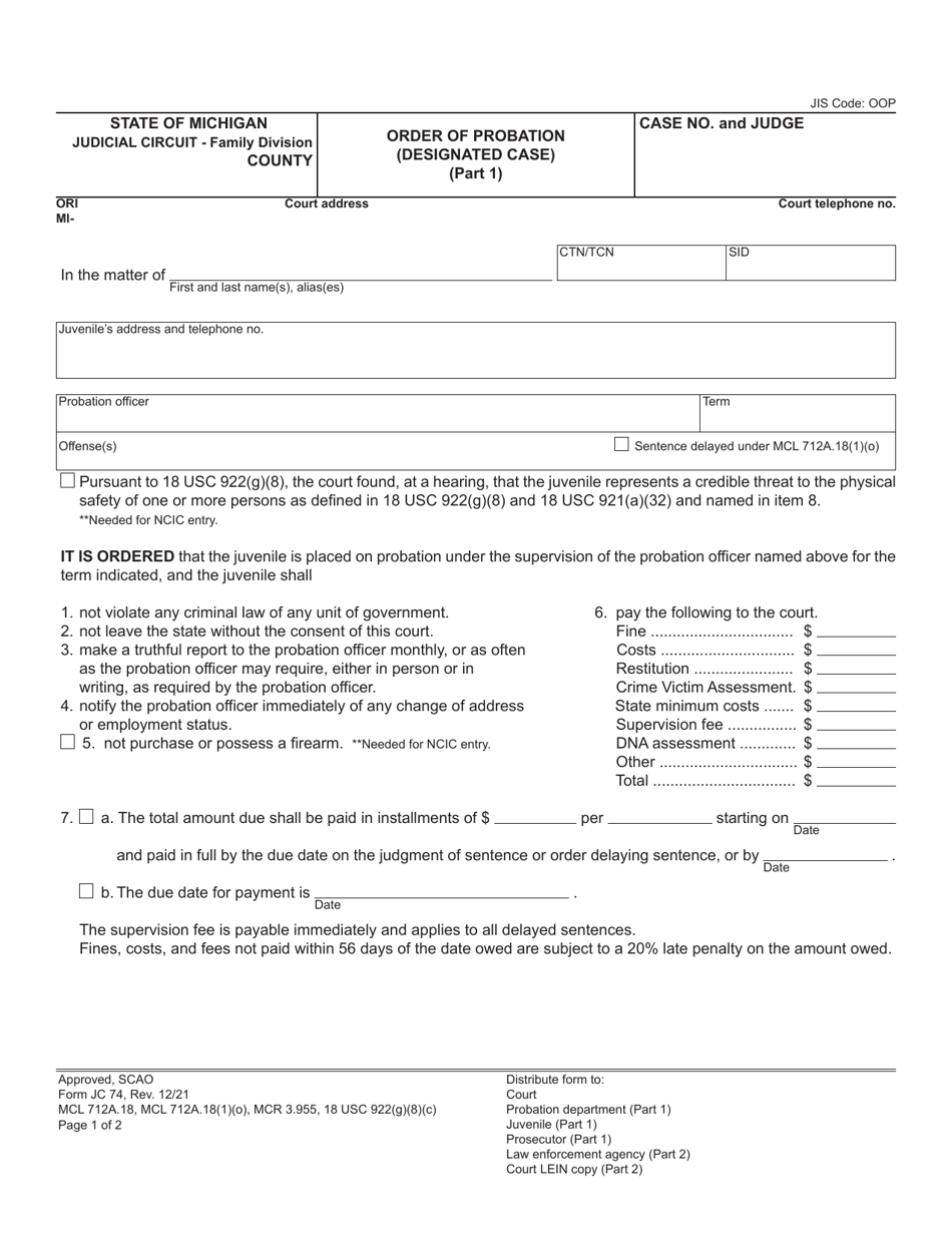 Form JC74 Order of Probation (Designated Case) - Michigan, Page 1