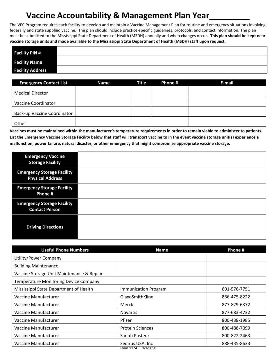Form 1174 Vaccine Accountability  Management Plan - Mississippi, Page 1