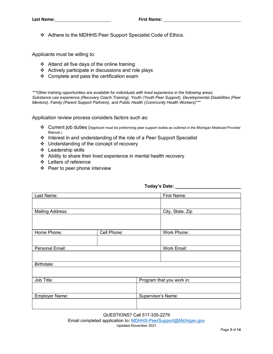 Peer Support Specialist Certification Training Application - Michigan, Page 3