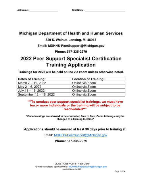 Peer Support Specialist Certification Training Application - Michigan, 2022