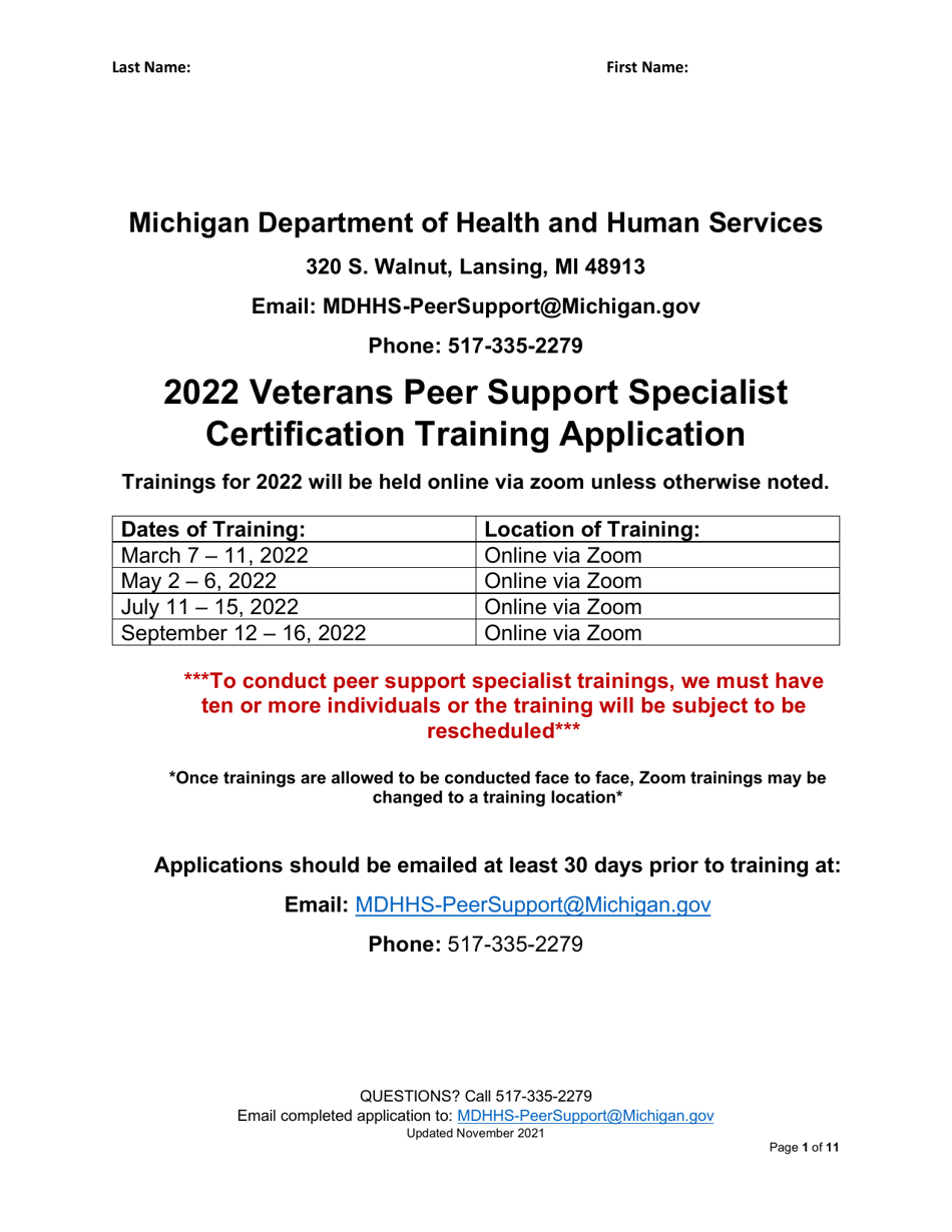Veterans Peer Support Specialist Certification Training Application - Michigan, Page 1