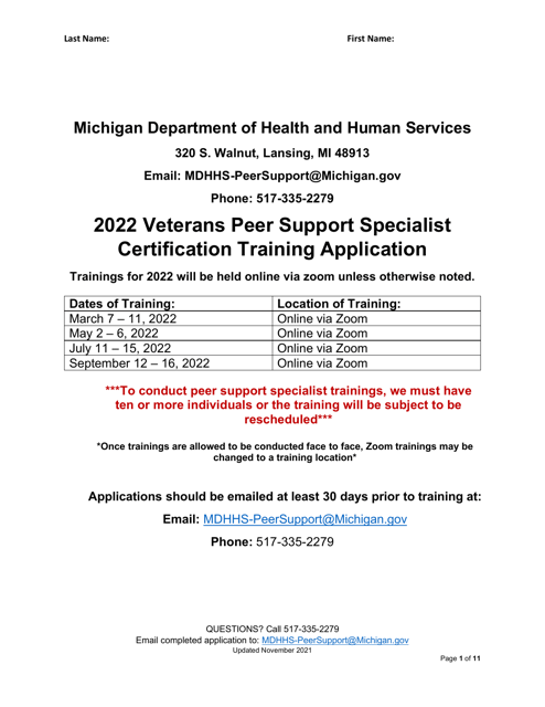 Veterans Peer Support Specialist Certification Training Application - Michigan, 2022