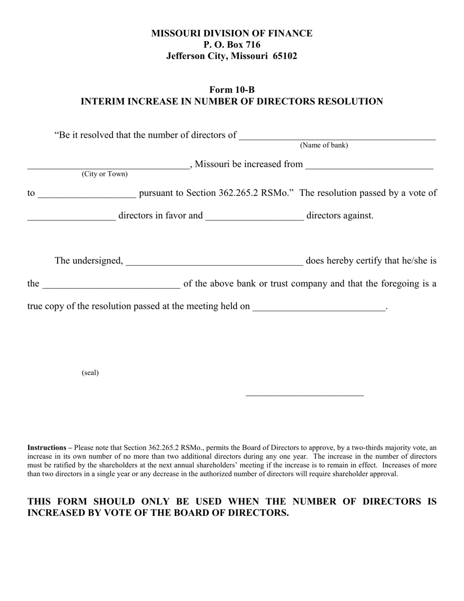 Form 10-B Interim Increase in Number of Directors Resolution - Missouri, Page 1