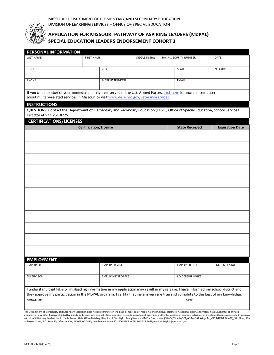 Form MO500-3224 Application for Missouri Pathway of Aspiring Leaders (Mopal) Special Education Leaders Endorsement Cohort 3 - Missouri, Page 1