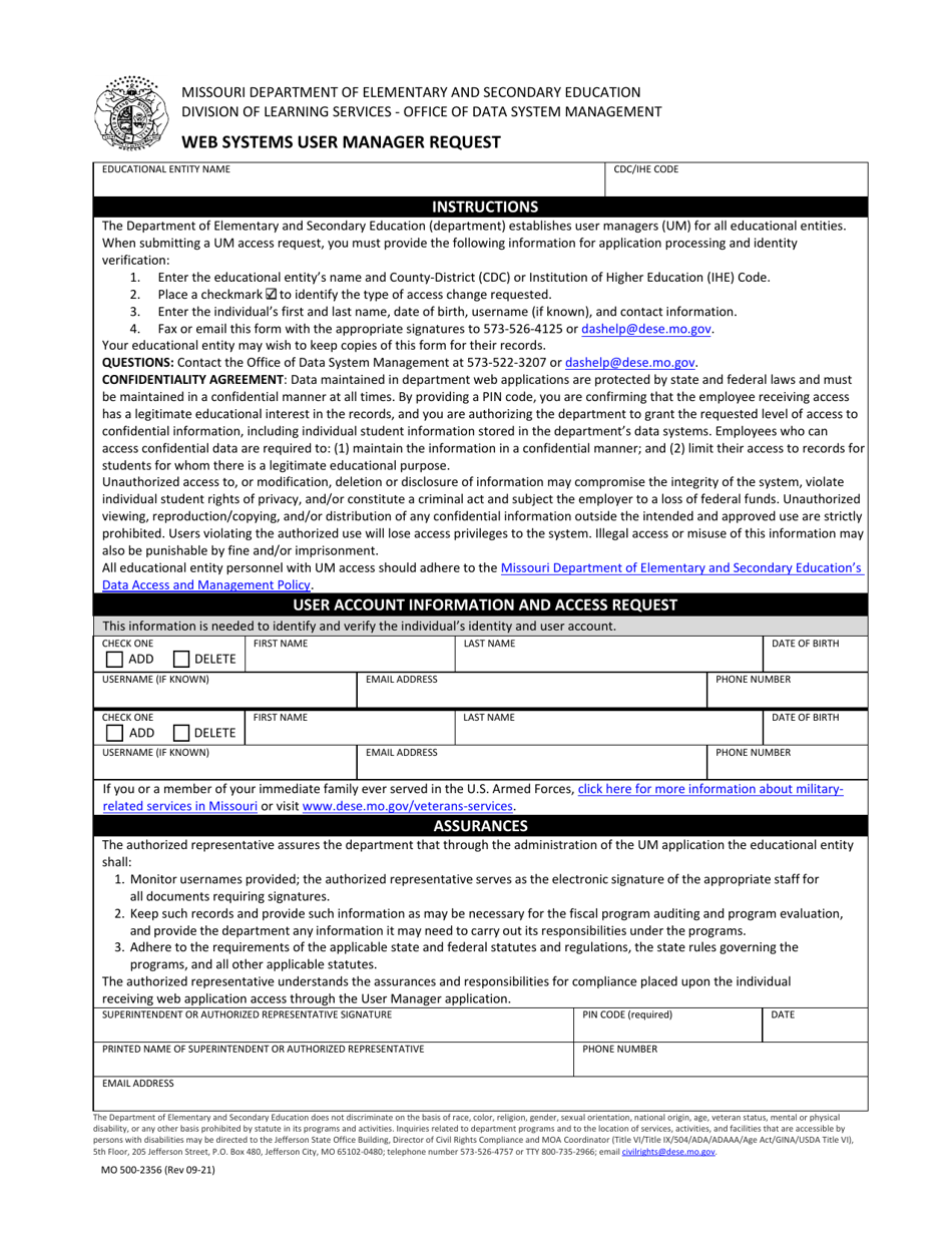 Form MO500-2356 Web Systems User Manager Request - Missouri, Page 1
