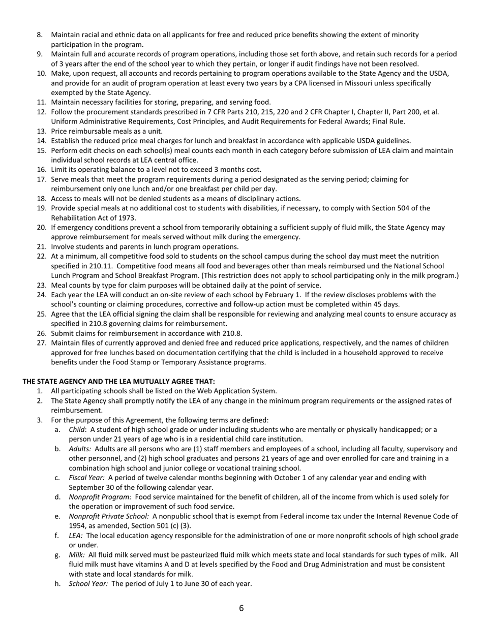 Form MO500-2757 Permanent Application Agreement - National School Lunch / School Breakfast / After School Snack / Special Milk / Donated Food Programs - Missouri, Page 6