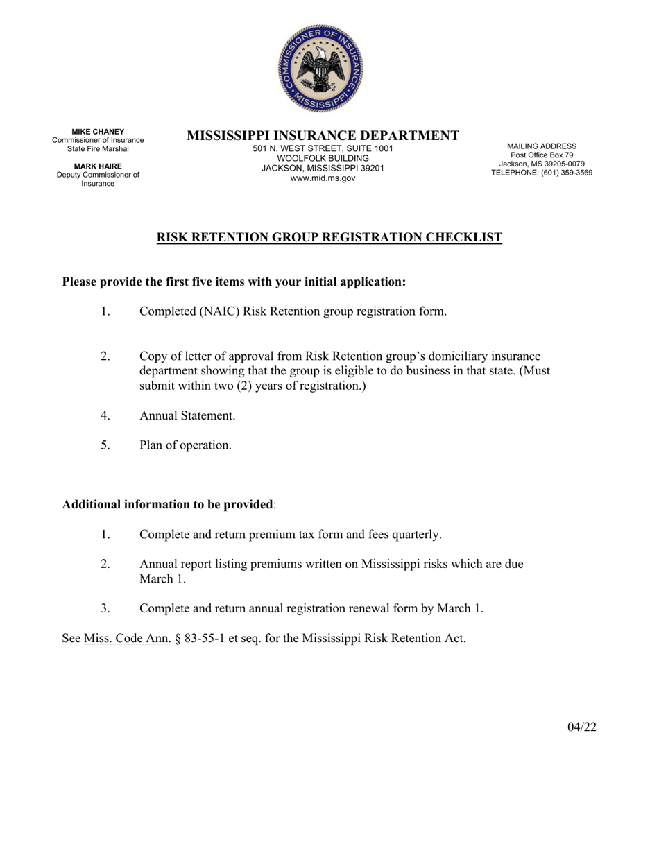 Risk Retention Group - Notice and Registration - Mississippi, Page 1