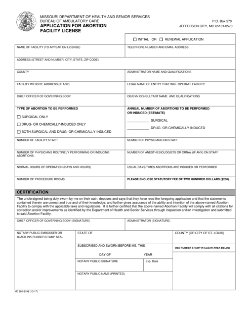 Form MO580-3198 Application for Abortion Facility License - Missouri