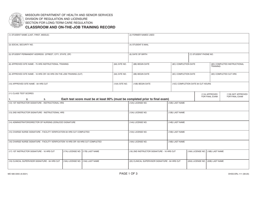 Form DHSS-DRL-111 (MO580-3355) Classroom and on-The-Job Training Record - Missouri