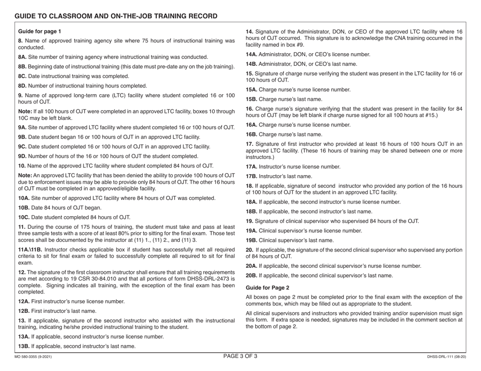 Form DHSS-DRL-111 (MO580-3355) Classroom and on-The-Job Training Record - Missouri, Page 3