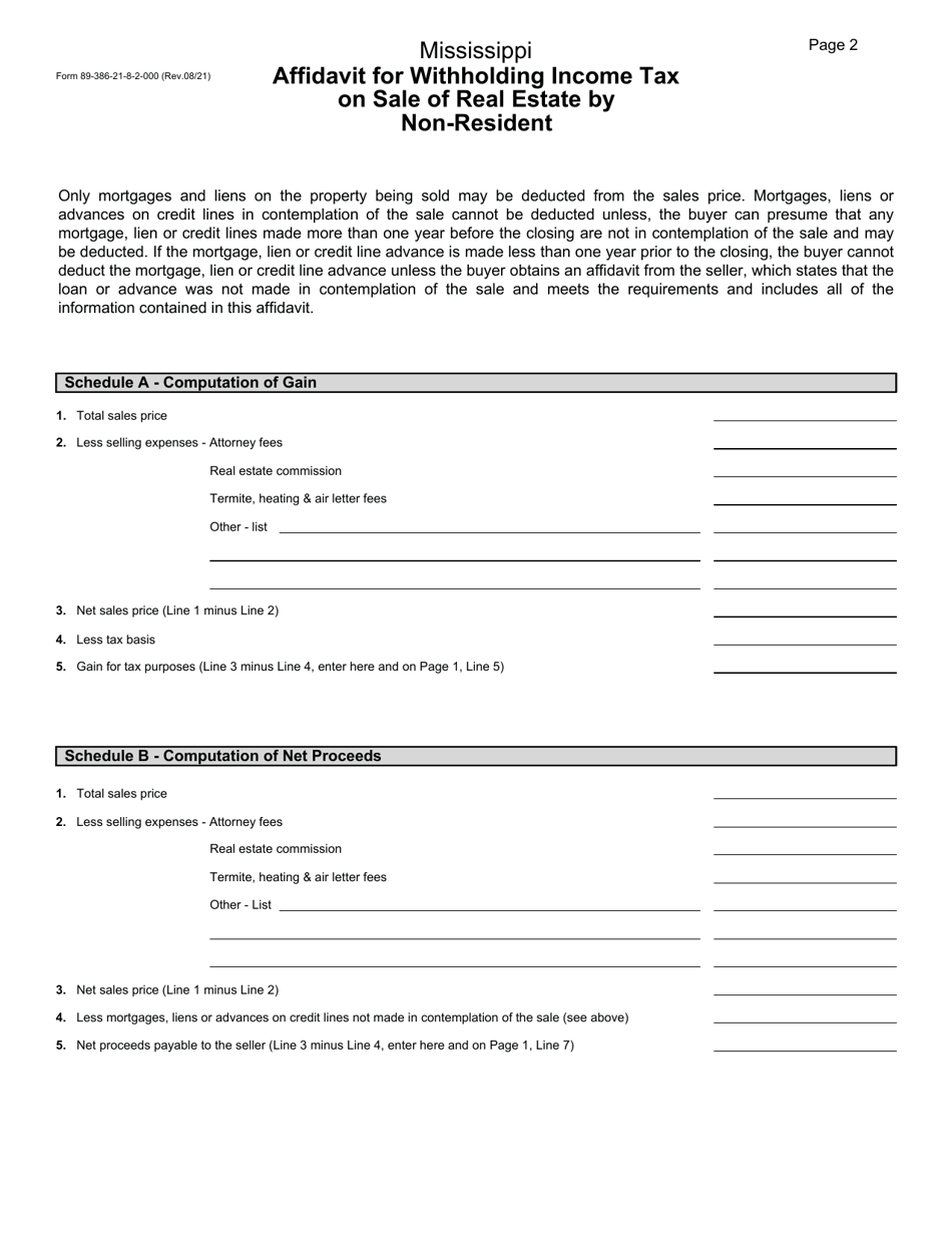 Form 89-386 Affidavit for Withholding Income Tax on Sale of Real Estate by Non-resident - Mississippi, Page 2