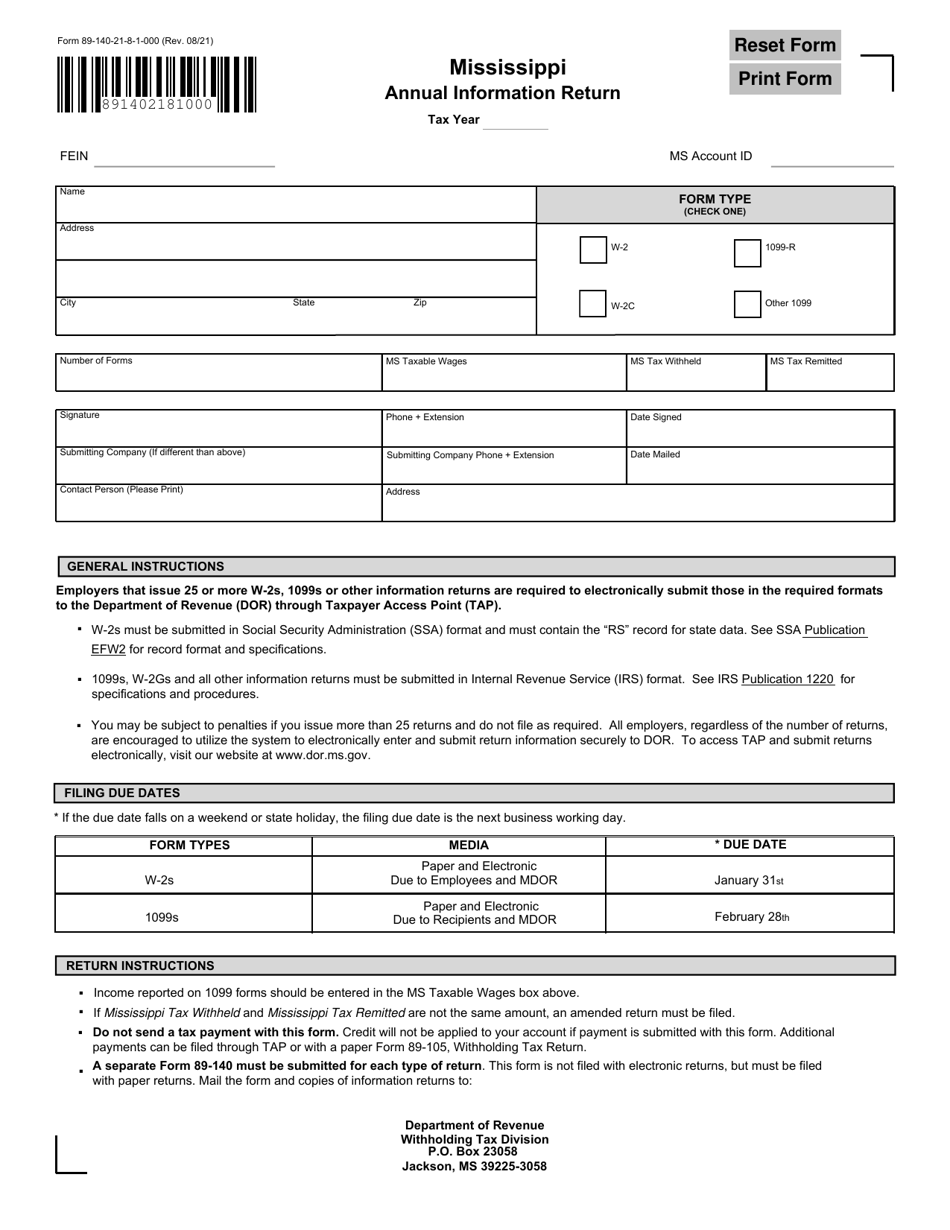 Form 89-140 Annual Information Return - Mississippi, Page 1