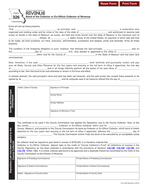 Form 326 Bond of the Collector or Ex-officio Collector of Revenue - Missouri