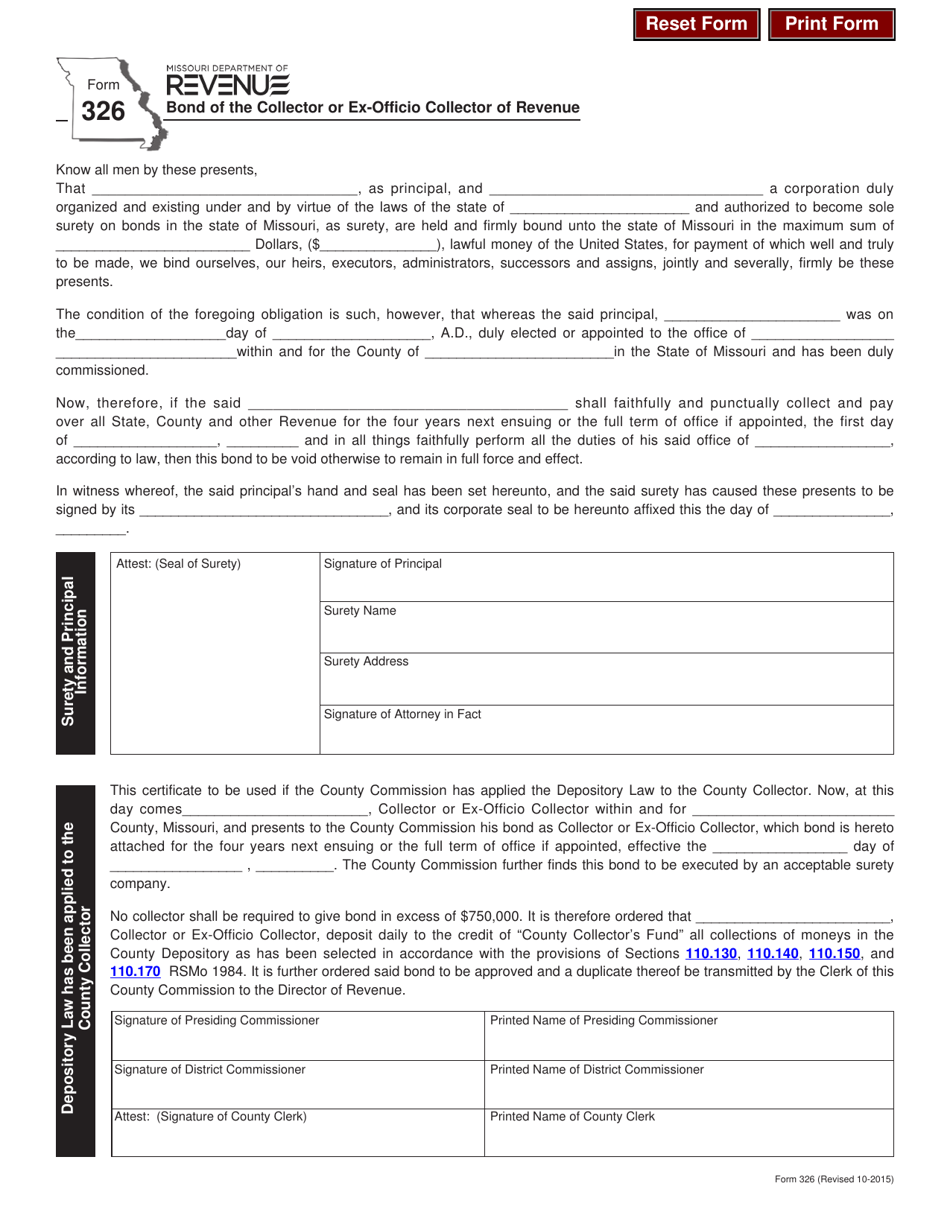 Form 326 Bond of the Collector or Ex-officio Collector of Revenue - Missouri, Page 1