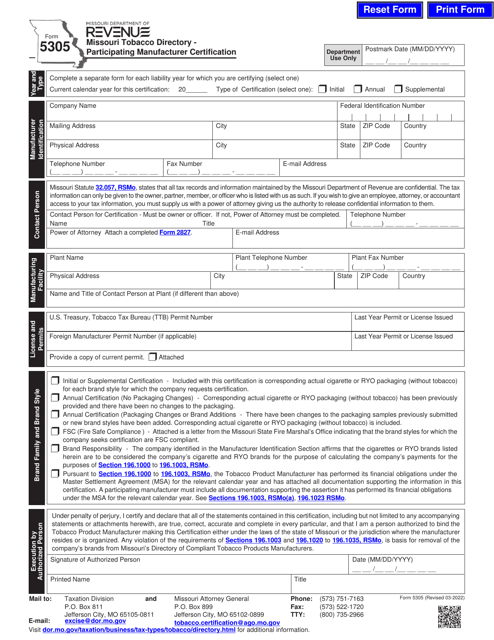 Form 5305 Missouri Tobacco Directory - Participating Manufacturer Certification - Missouri