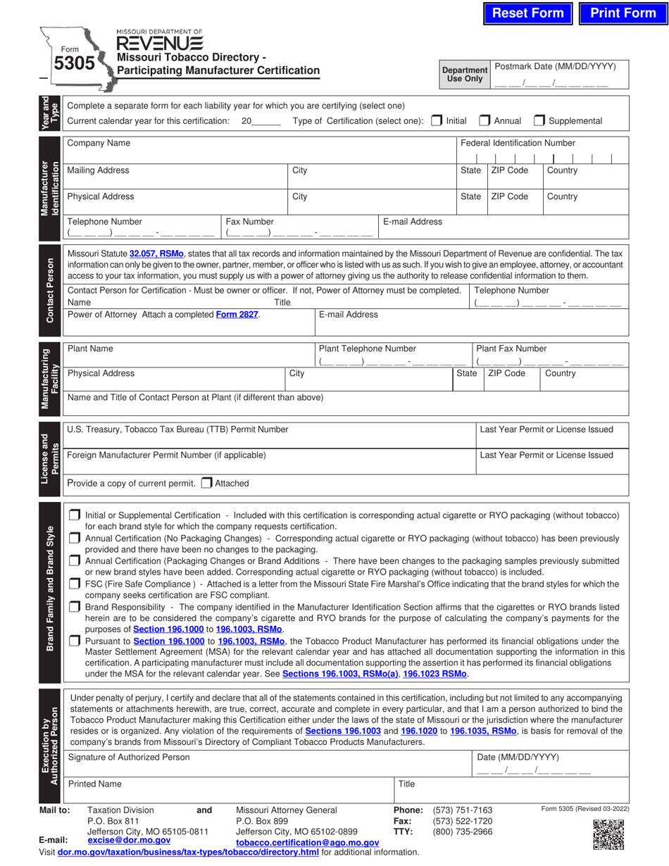 Form 5305 Missouri Tobacco Directory - Participating Manufacturer Certification - Missouri, Page 1