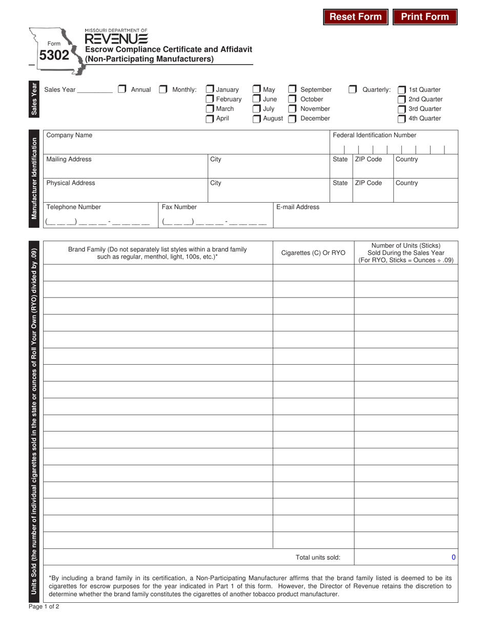 Form 5302 Escrow Compliance Certificate and Affidavit (Non-participating Manufacturers) - Missouri, Page 1
