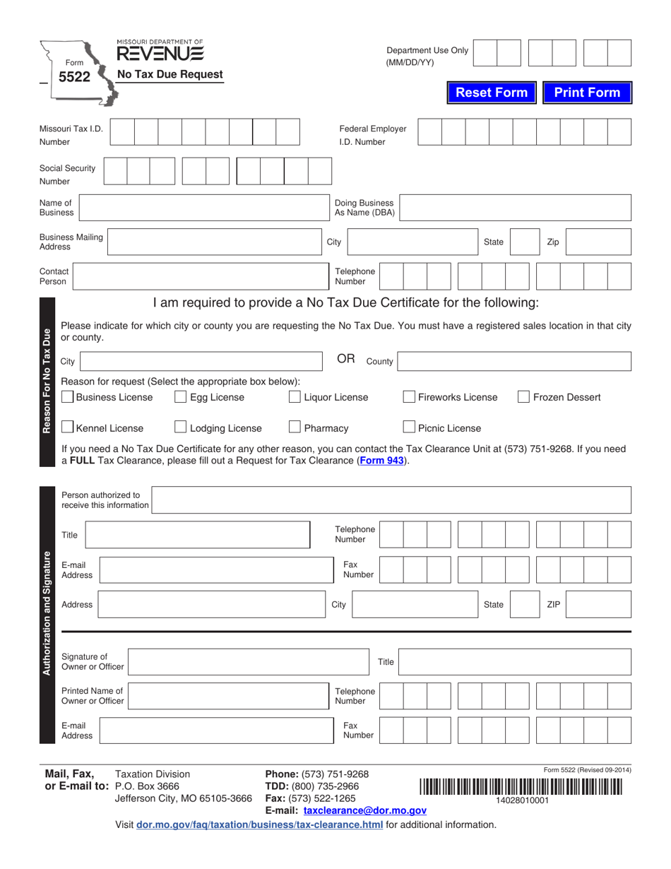 Form 5522 No Tax Due Request - Missouri, Page 1