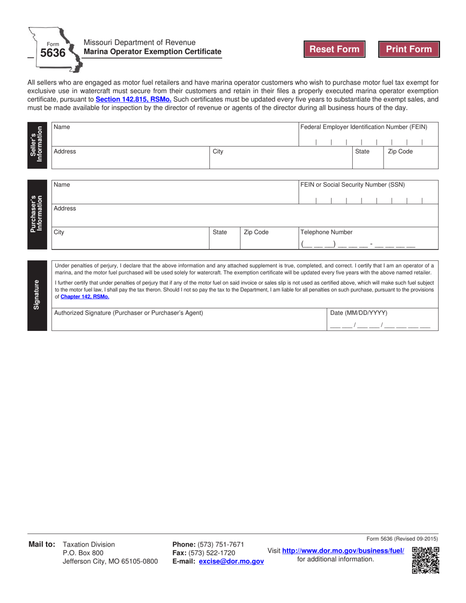 Form 5636 Marina Operator Exemption Certificate - Missouri, Page 1