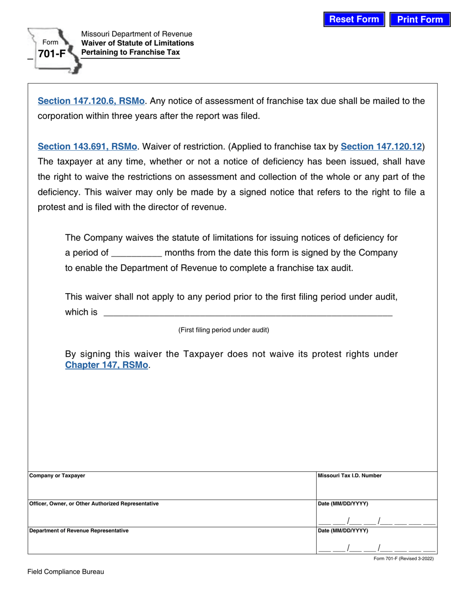 Form 701-F Waiver of Statute of Limitations Pertaining to Franchise Tax - Missouri, Page 1