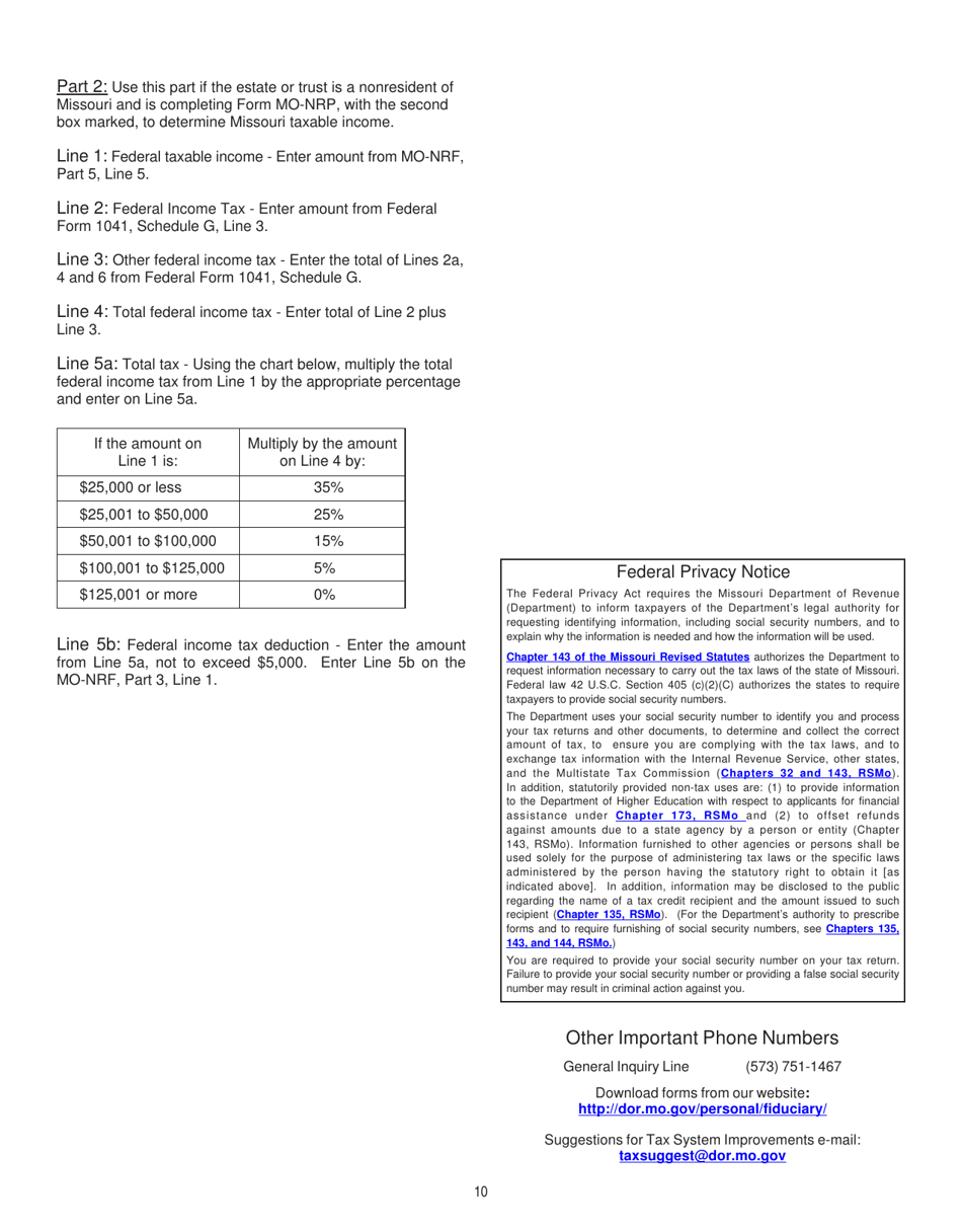 Form MO-1041 Fiduciary Income Tax Return - Missouri, Page 10