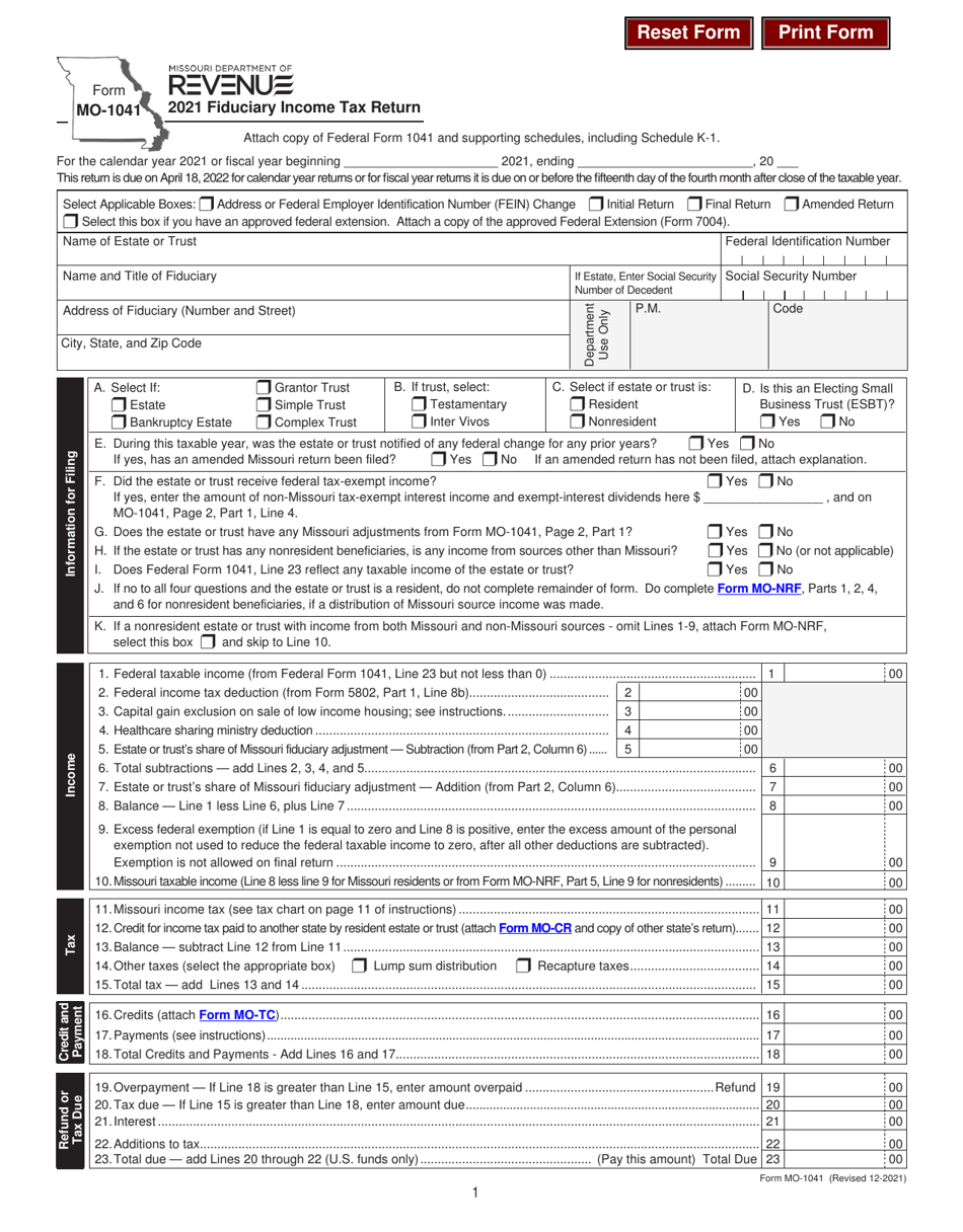 Form MO-1041 Fiduciary Income Tax Return - Missouri, Page 1