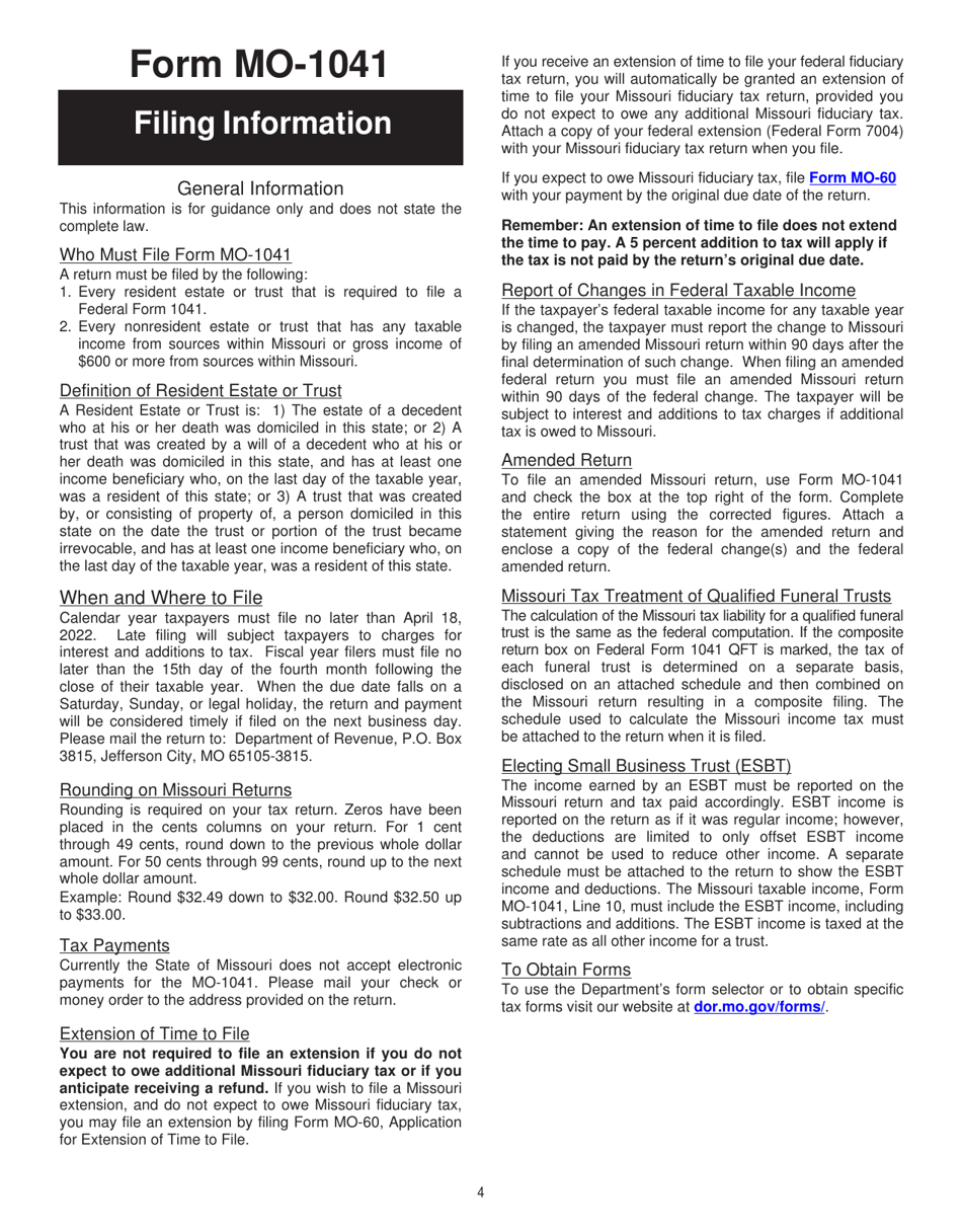 Form MO-1041 Fiduciary Income Tax Return - Missouri, Page 4
