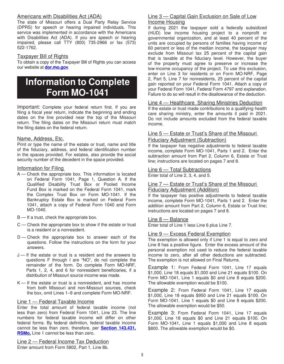 Form MO-1041 Fiduciary Income Tax Return - Missouri, Page 5