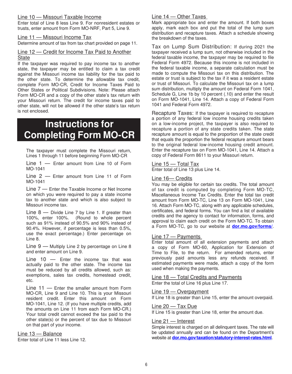 Form MO-1041 Fiduciary Income Tax Return - Missouri, Page 6