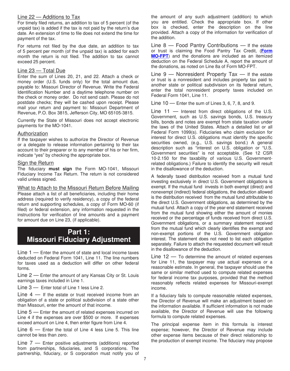 Form MO-1041 Fiduciary Income Tax Return - Missouri, Page 7
