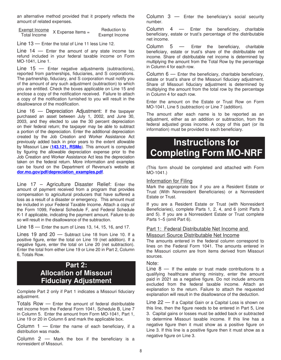 Form MO-1041 Fiduciary Income Tax Return - Missouri, Page 8