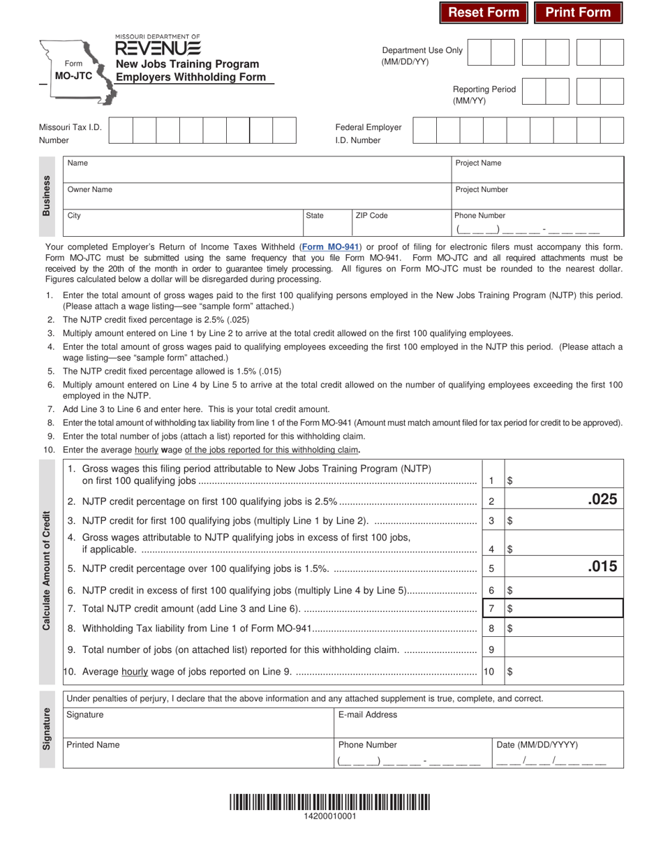 Form Mo Jtc Download Fillable Pdf Or Fill Online Employers Withholding