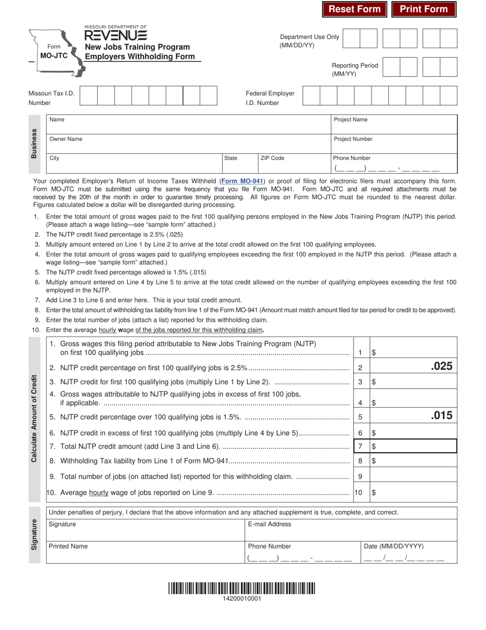 Form MO-JTC Employers Withholding Form - New Jobs Training Program - Missouri, Page 1