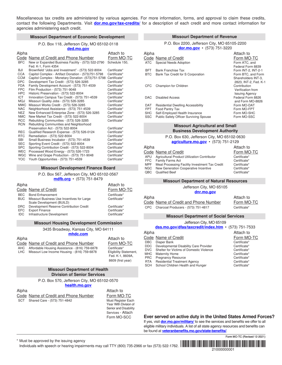 Form MO-TC Miscellaneous Income Tax Credits - Missouri, Page 2