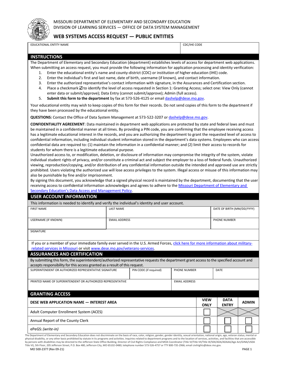 Form MO500-2377 Web Systems Access Request - Public Entities - Missouri, Page 1