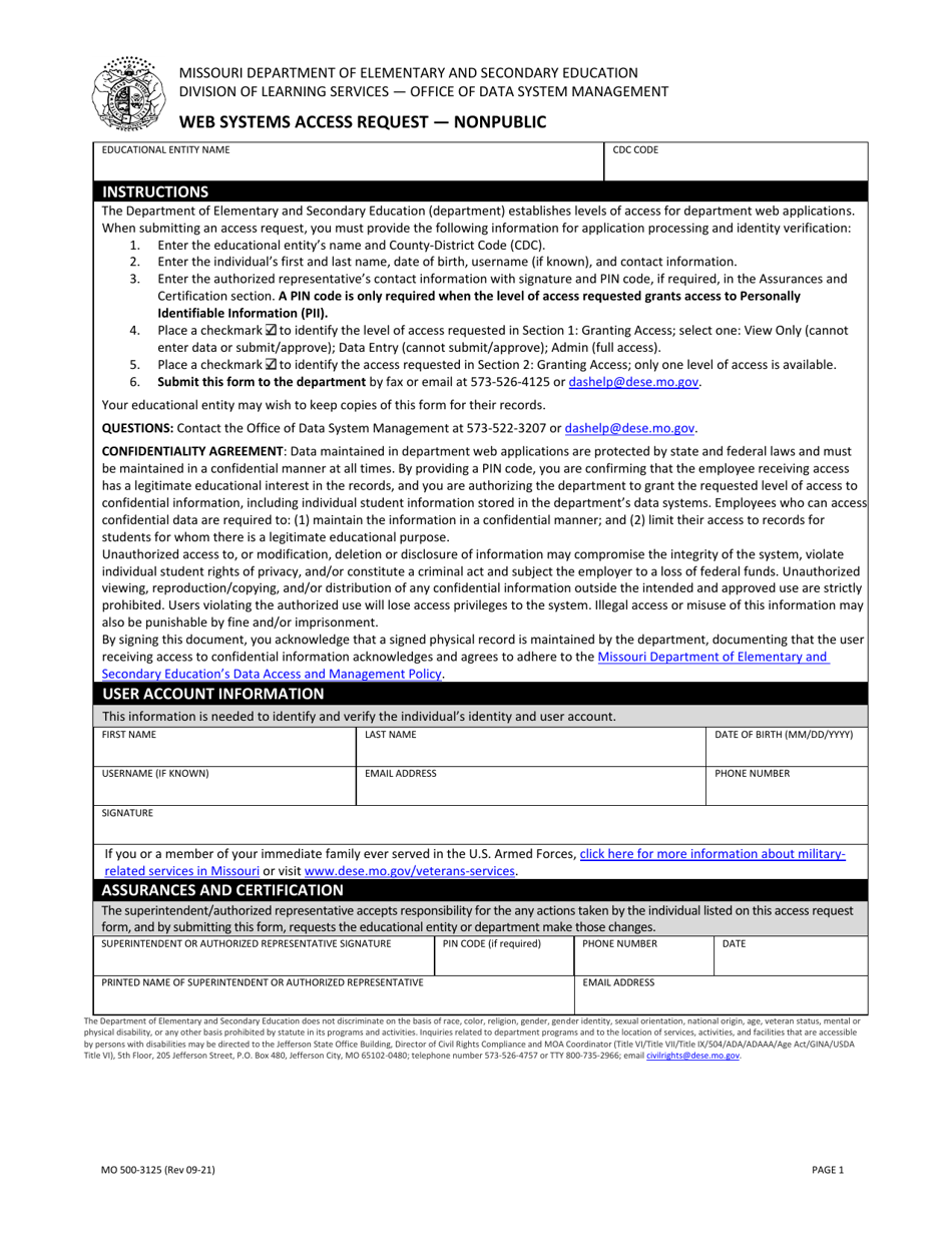 Form MO500-3125 Web Systems Access Request - Nonpublic - Missouri, Page 1
