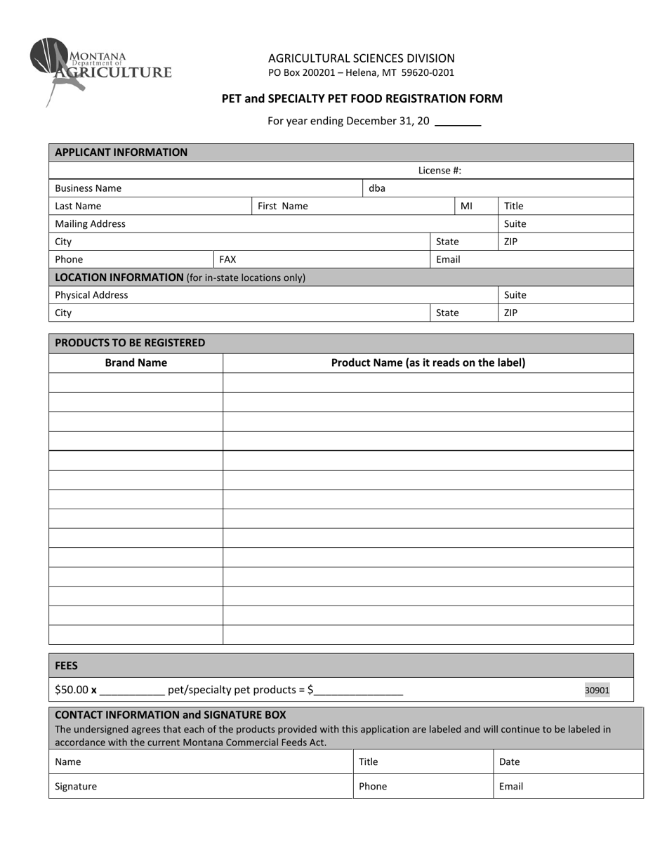 Pet and Specialty Pet Food Registration Form - Montana, Page 1