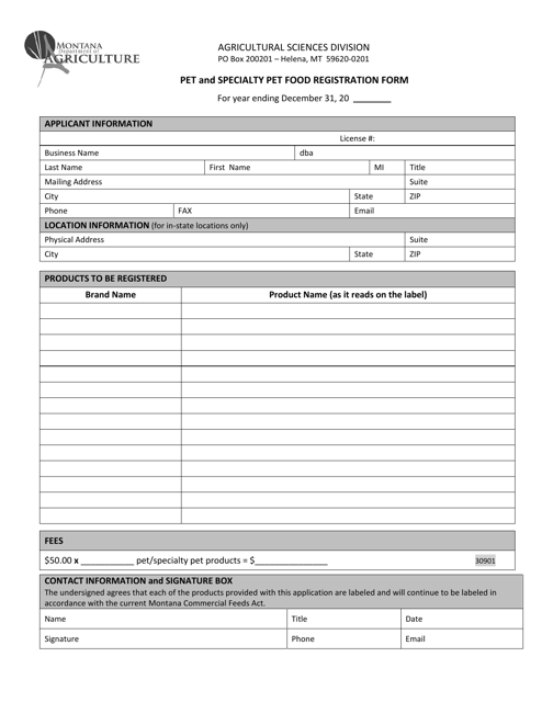 Pet and Specialty Pet Food Registration Form - Montana Download Pdf
