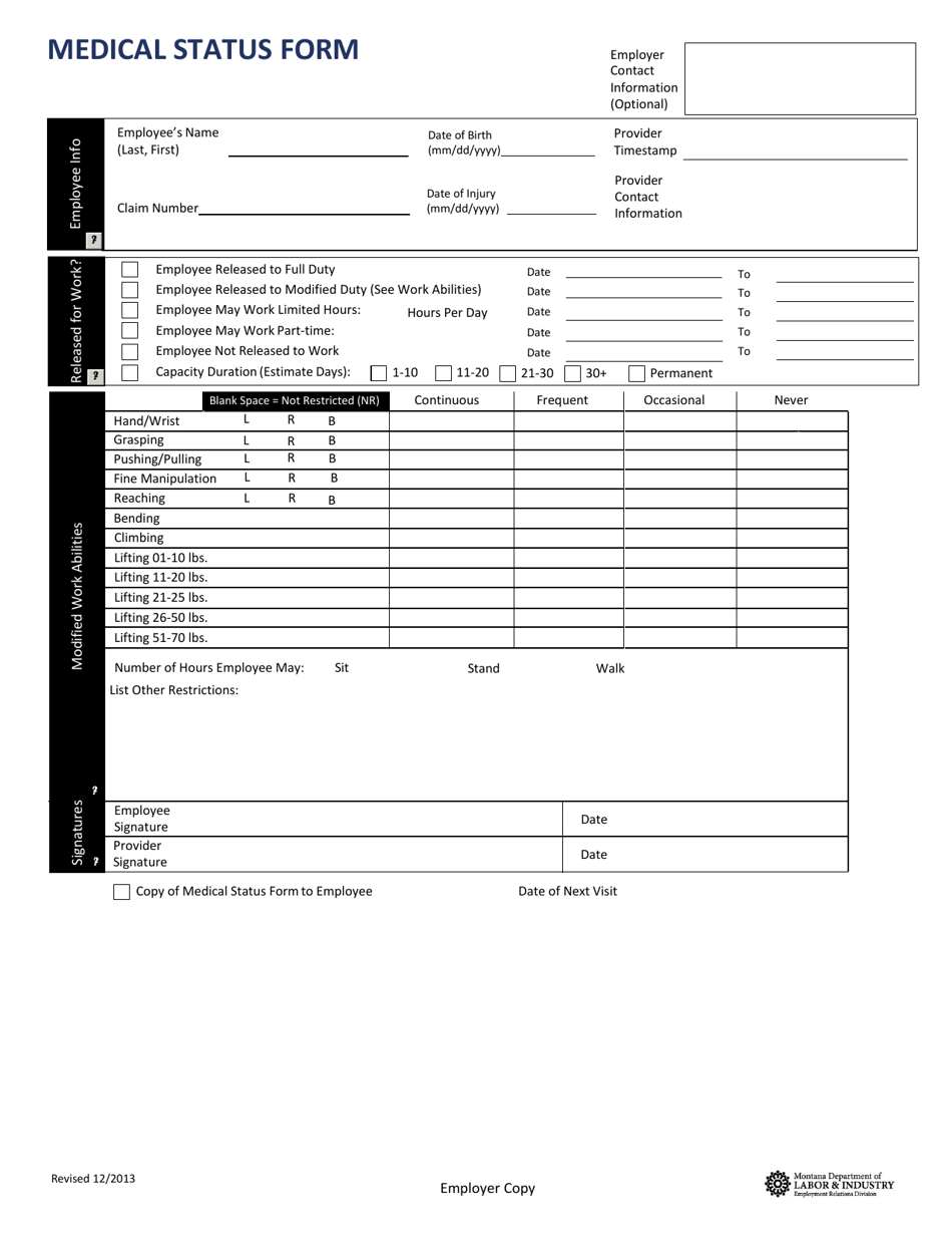 Montana Medical Status Form - Fill Out, Sign Online and Download PDF ...