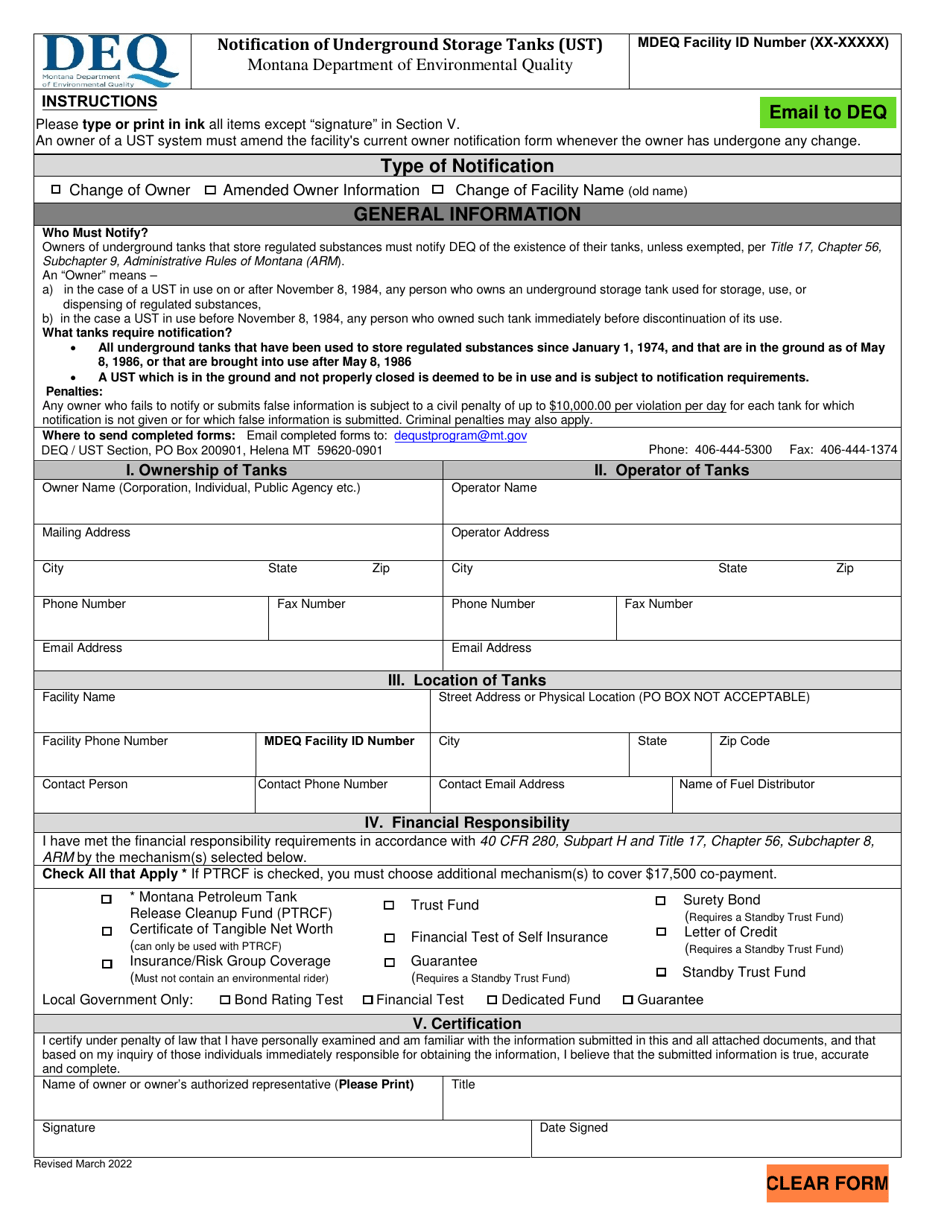Notification of Underground Storage Tanks (Ust) - Owner Change or Amended Owner Information - Montana, Page 1