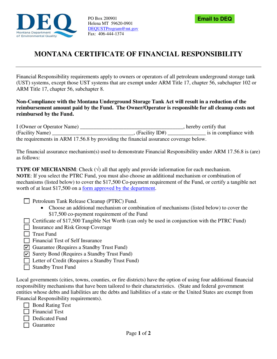 Montana Certificate of Financial Responsibility - Montana, Page 1