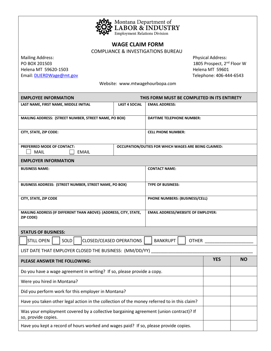 Montana Wage Claim Form - Fill Out, Sign Online and Download PDF ...