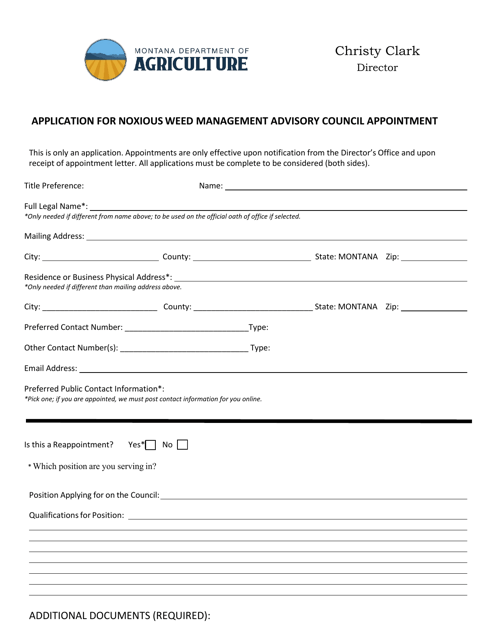 Application for Noxious Weed Management Advisory Council Appointment - Montana Download Pdf