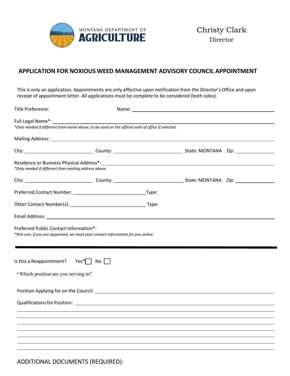 Application for Noxious Weed Management Advisory Council Appointment - Montana, Page 1